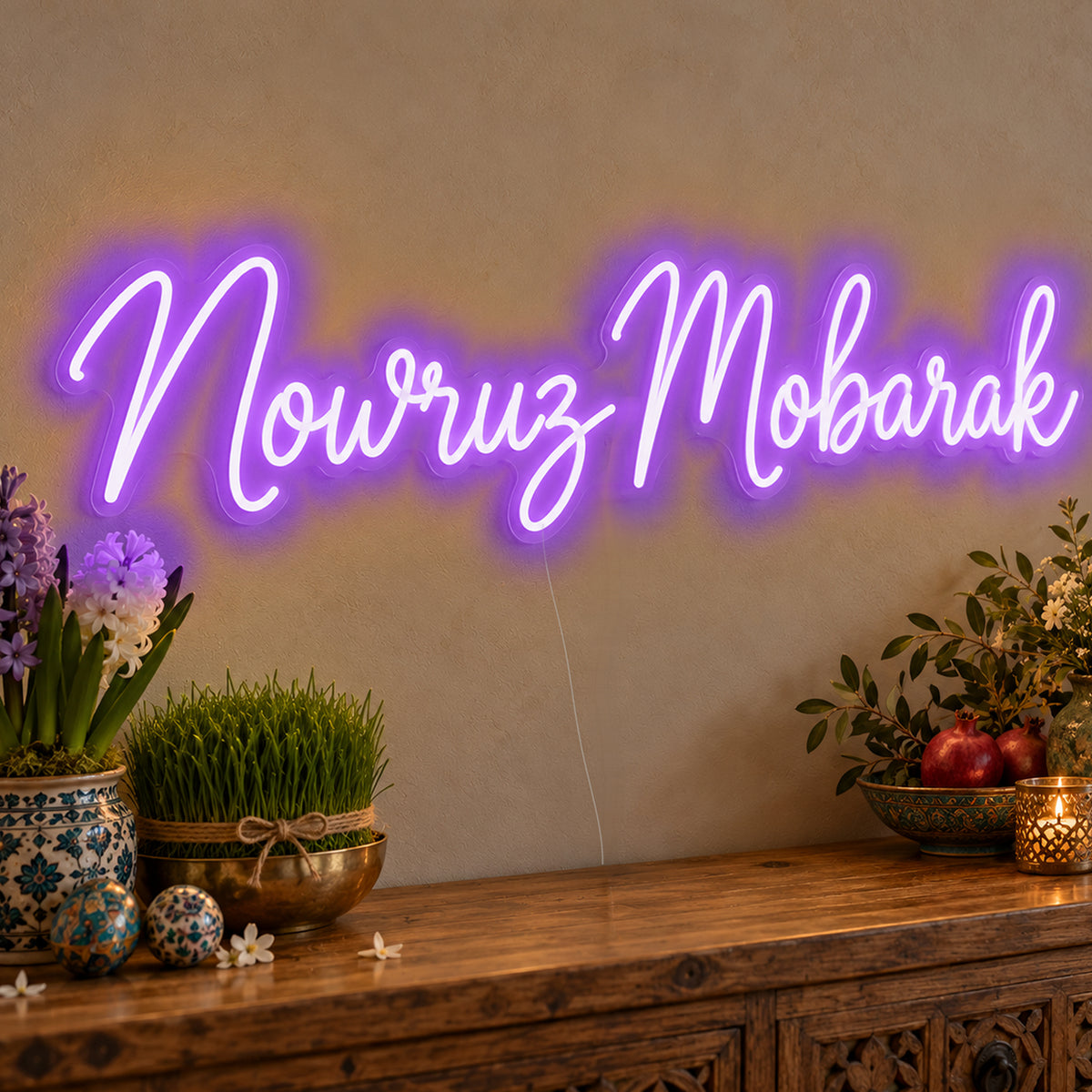 Nowruz Mobarak Neon Sign in purple LED neon on clear acrylic, angled view