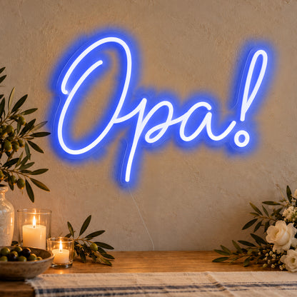Opa Neon Sign in blue LED neon on clear acrylic, angled view