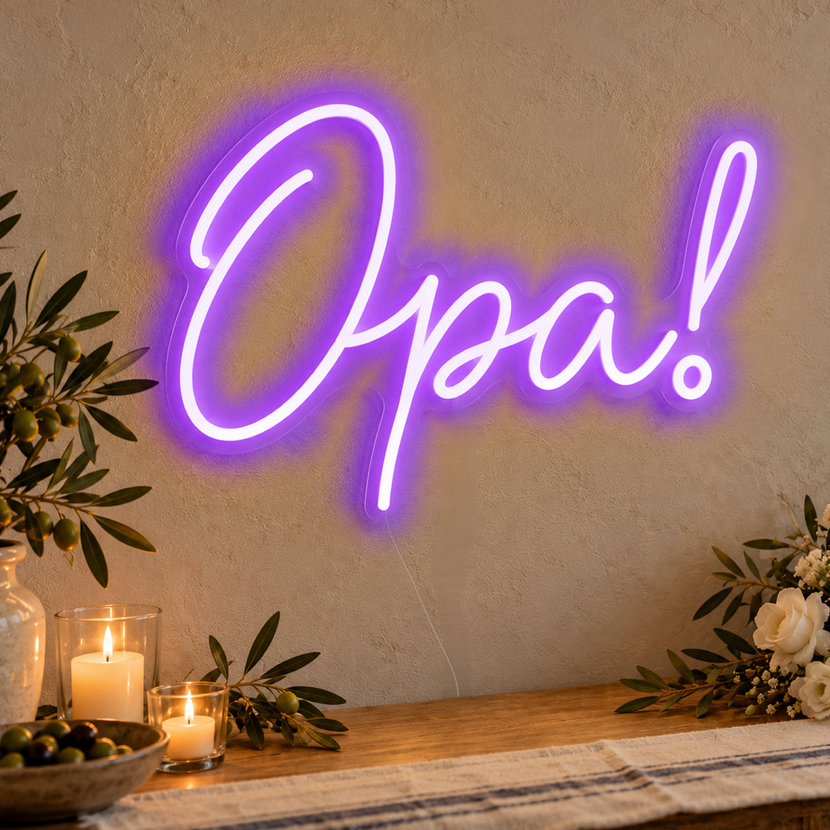 Opa Neon Sign in purple LED neon on clear acrylic, angled view