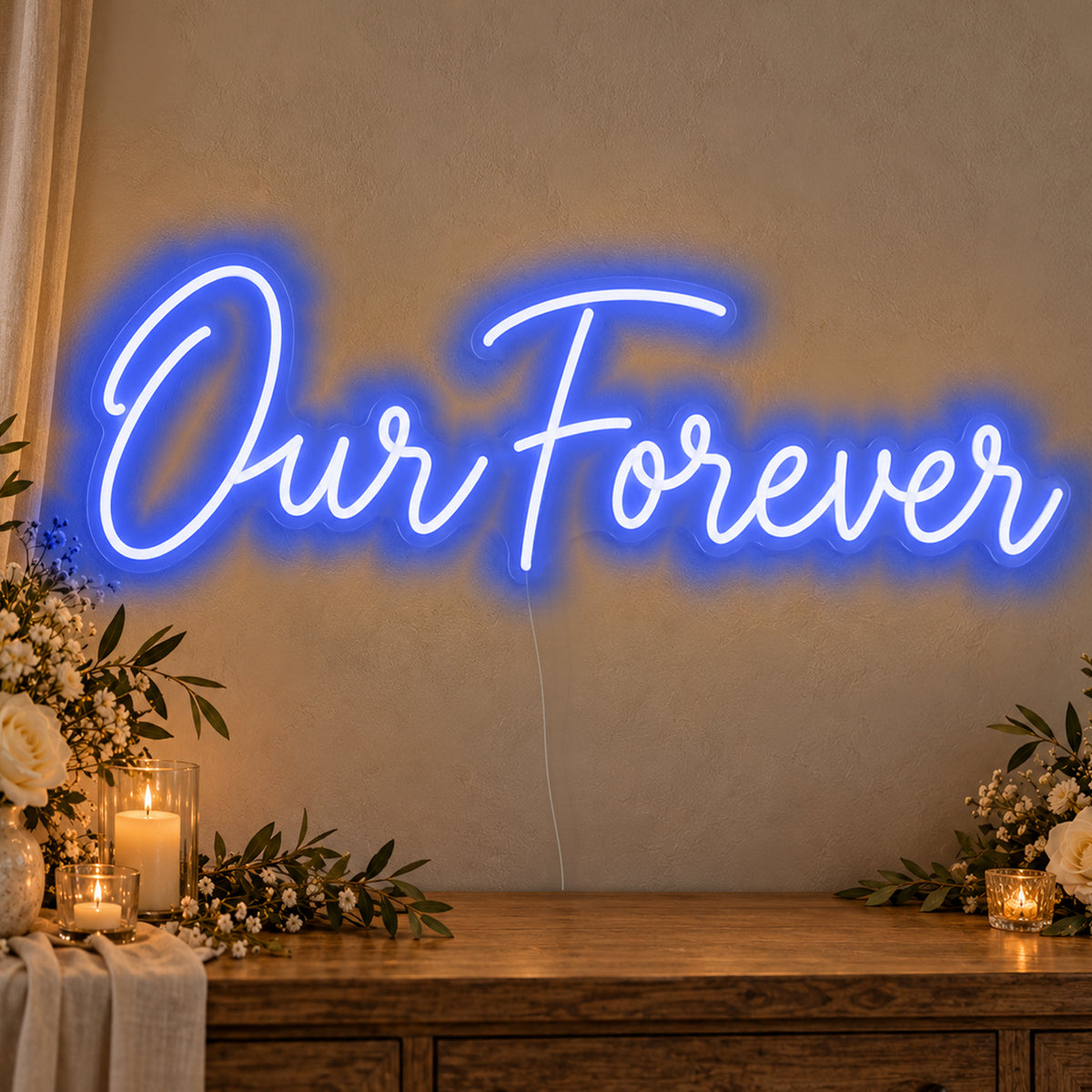 Our Forever Neon Sign in blue LED neon on clear acrylic, angled view