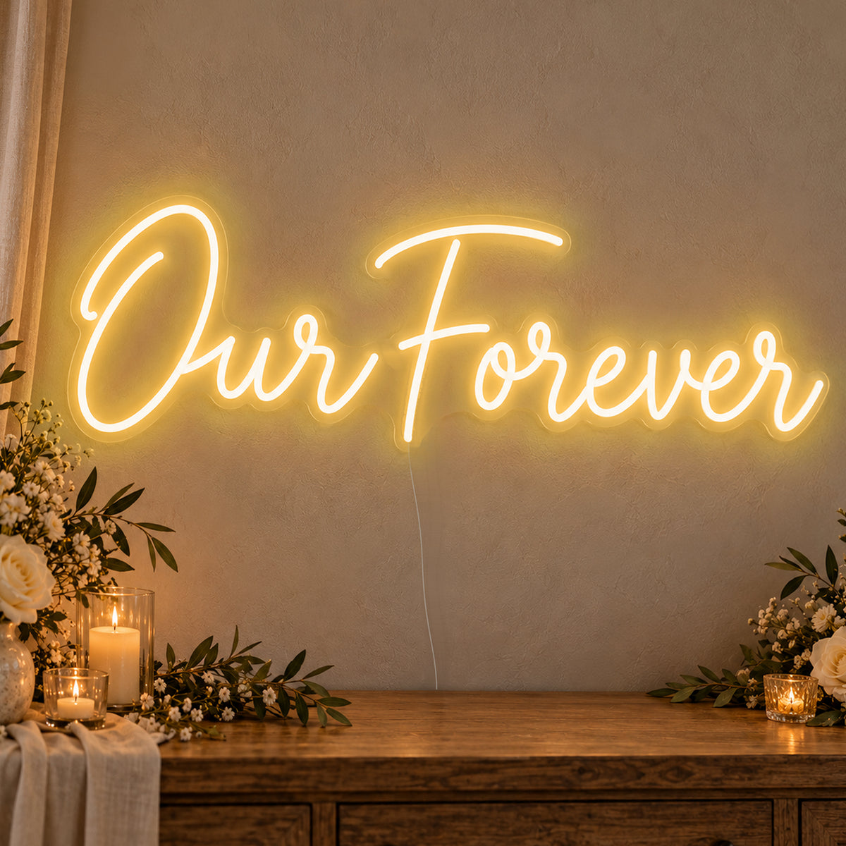 Our Forever Neon Sign in gold LED neon on clear acrylic, angled view