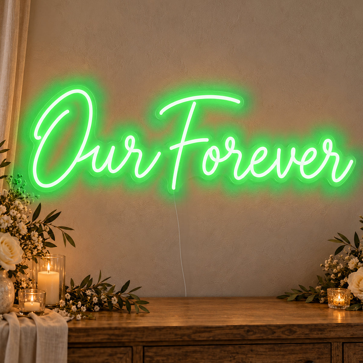 Our Forever Neon Sign in green LED neon on clear acrylic, angled view