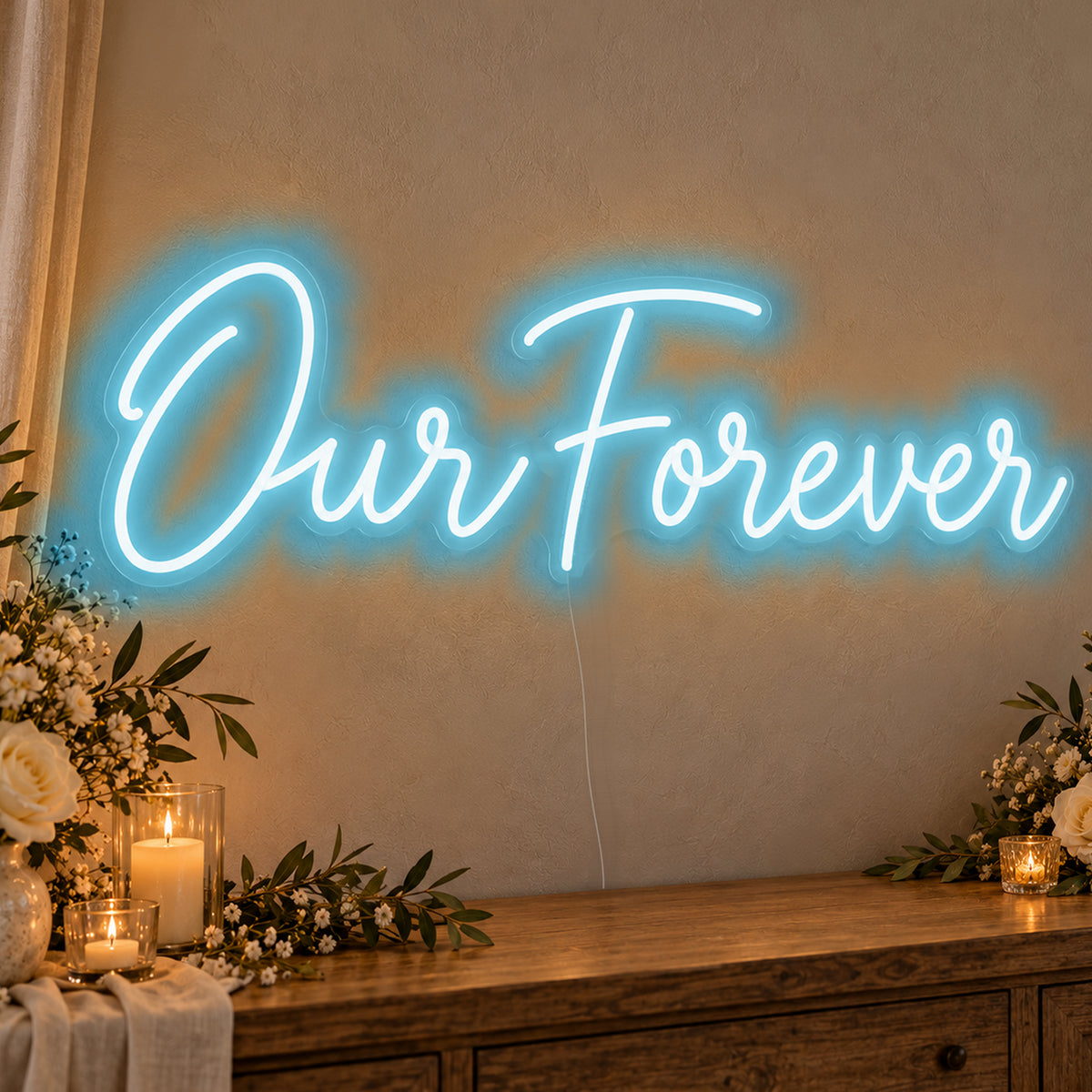 Our Forever Neon Sign in ice blue LED neon on clear acrylic, angled view