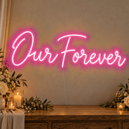 Our Forever Neon Sign in rose red LED neon on clear acrylic, angled view