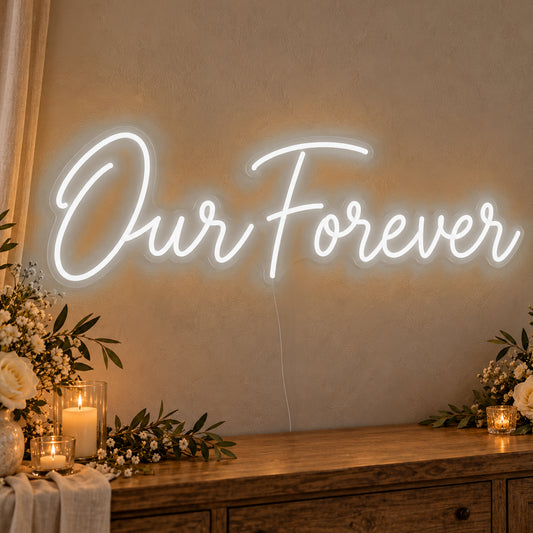Our Forever Neon Sign in white LED neon on clear acrylic, angled view