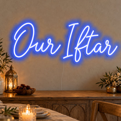 Our Iftar Neon Sign in blue LED neon on clear acrylic, angled view