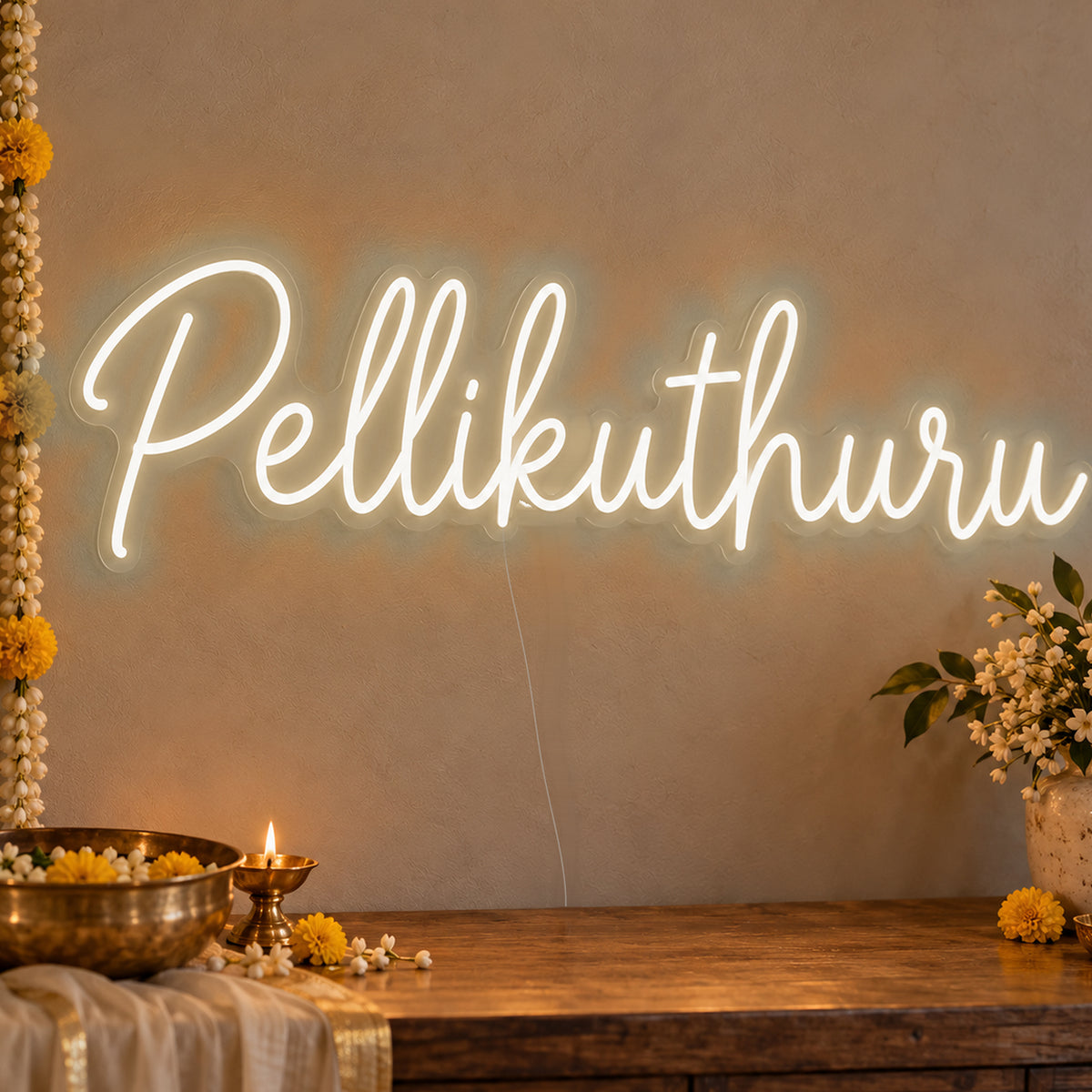 Pellikuthuru Neon Sign in warm white LED neon on clear acrylic, angled view