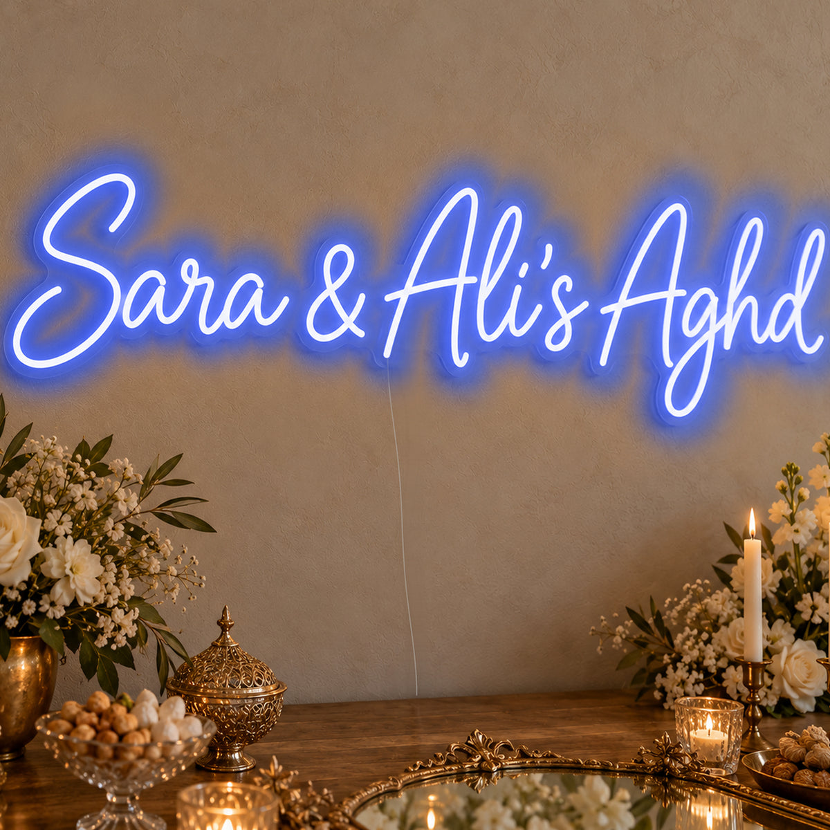 Personalised Aghd Neon Sign in blue LED neon on clear acrylic, angled view