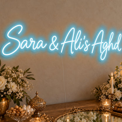 Personalised Aghd Neon Sign in ice blue LED neon on clear acrylic, angled view