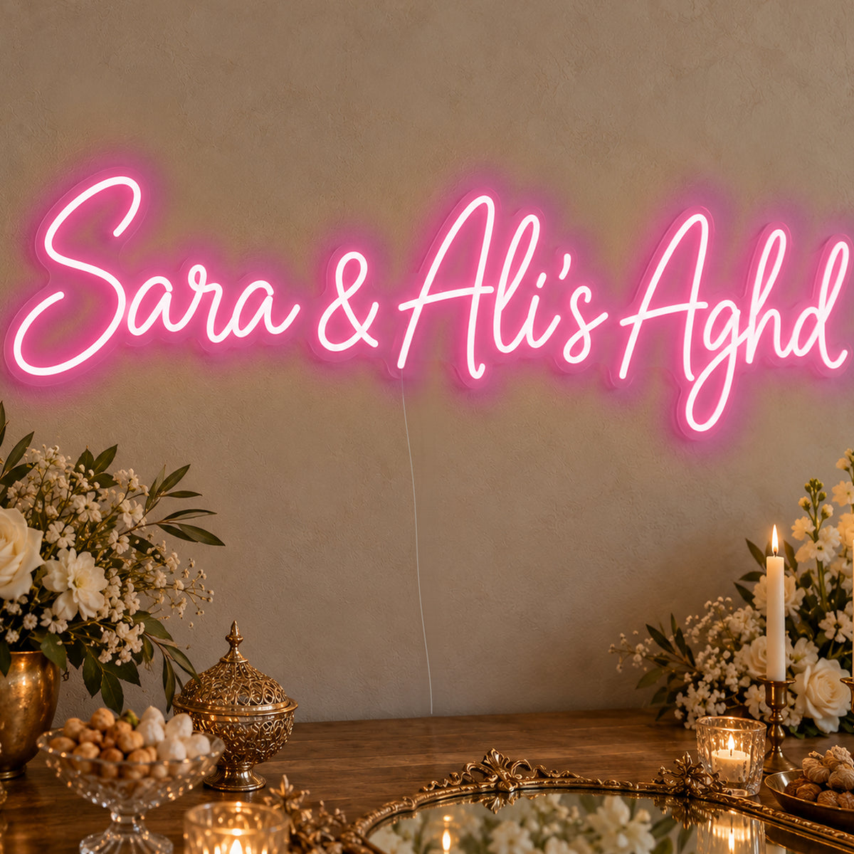 Personalised Aghd Neon Sign in rose red LED neon on clear acrylic, angled view