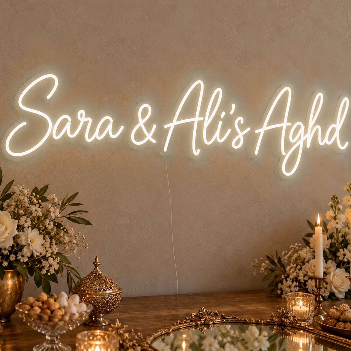 Personalised Aghd Neon Sign in warm white LED neon on clear acrylic, angled view