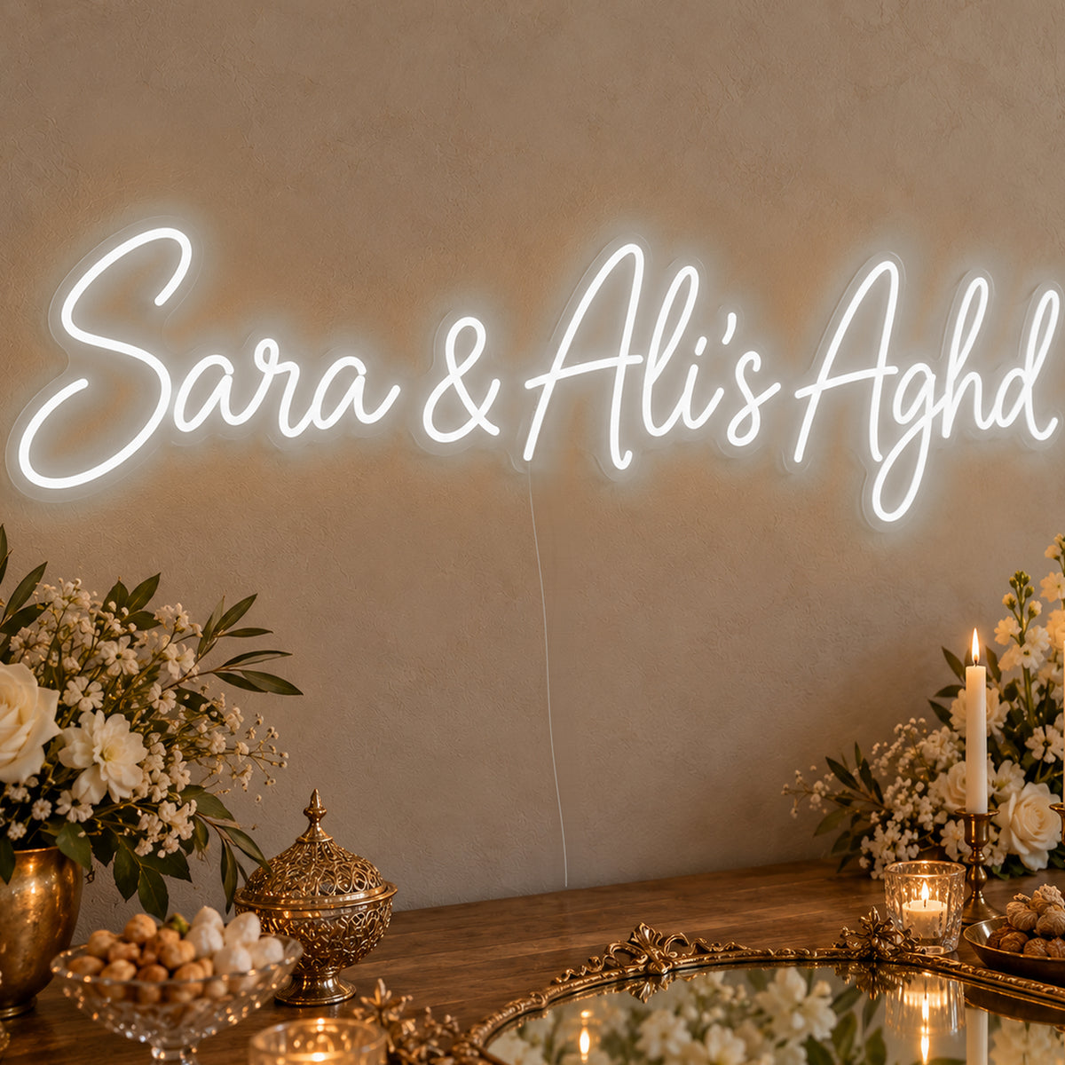 Personalised Aghd Neon Sign in white LED neon on clear acrylic, angled view