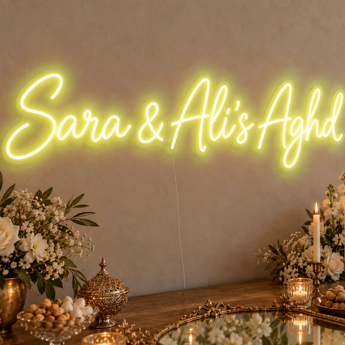 Personalised Aghd Neon Sign in yellow LED neon on clear acrylic, angled view