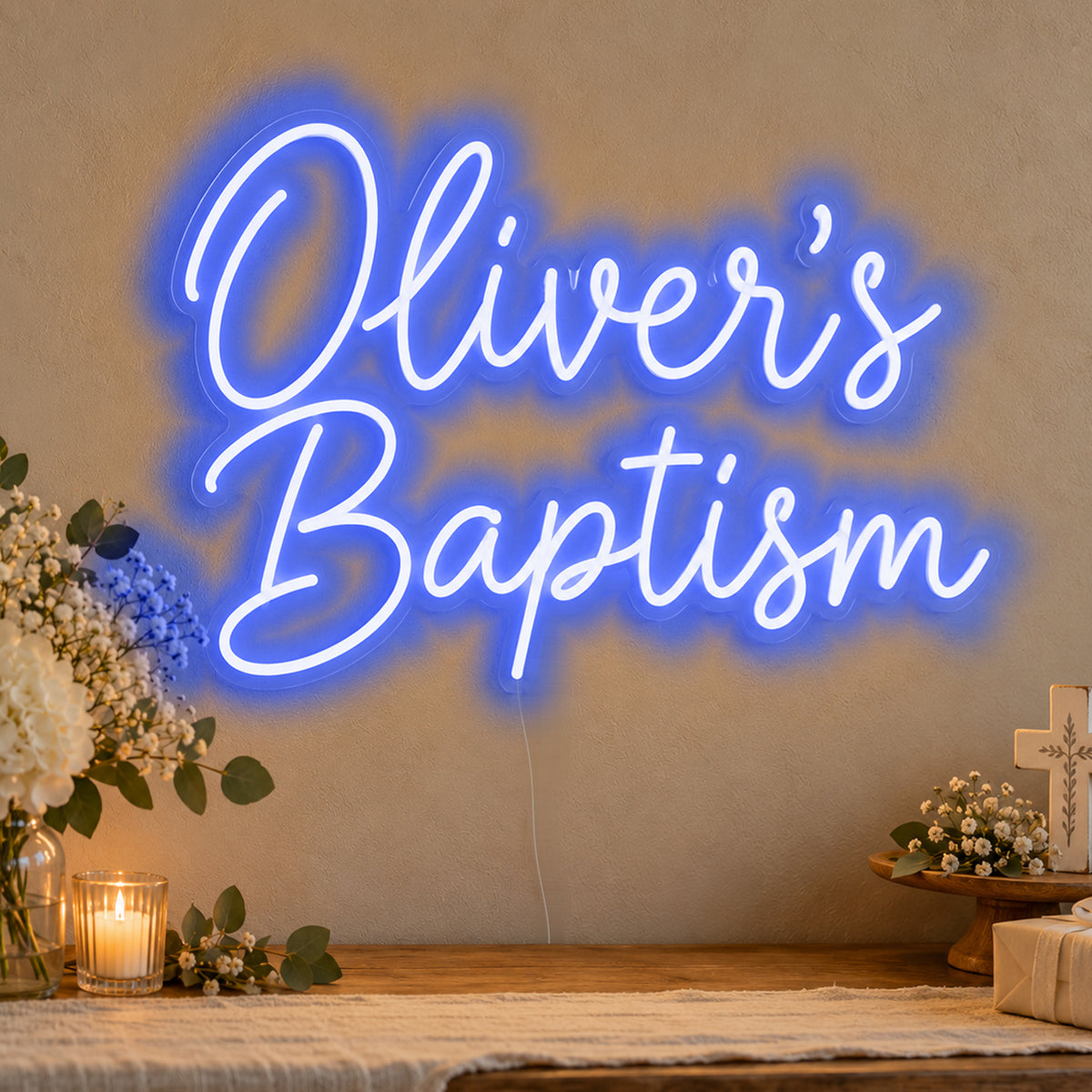 Personalised Baptism Neon Sign in blue LED neon on clear acrylic, angled view