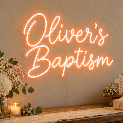 Personalised Baptism Neon Sign in orange LED neon on clear acrylic, angled view