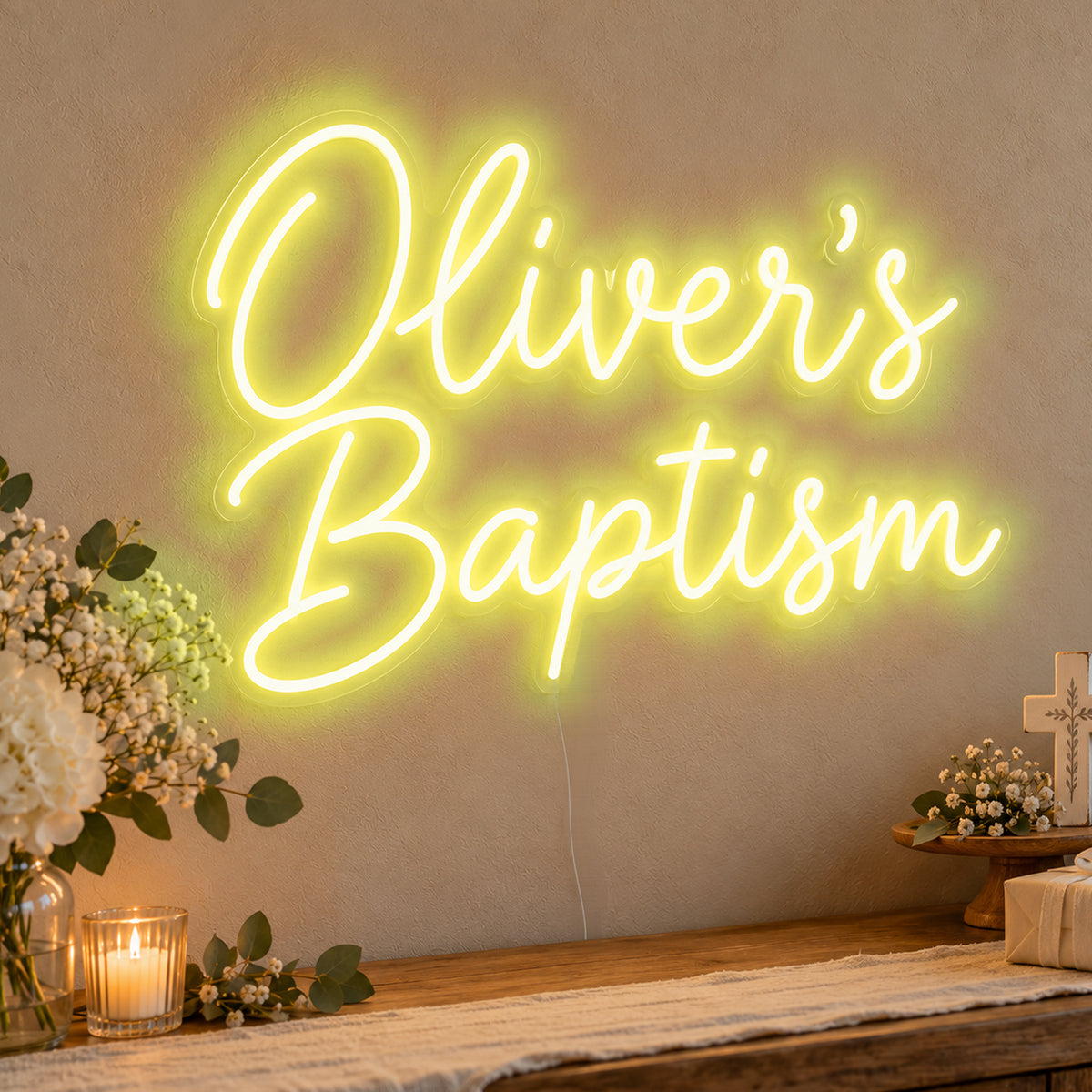Personalised Baptism Neon Sign in yellow LED neon on clear acrylic, angled view