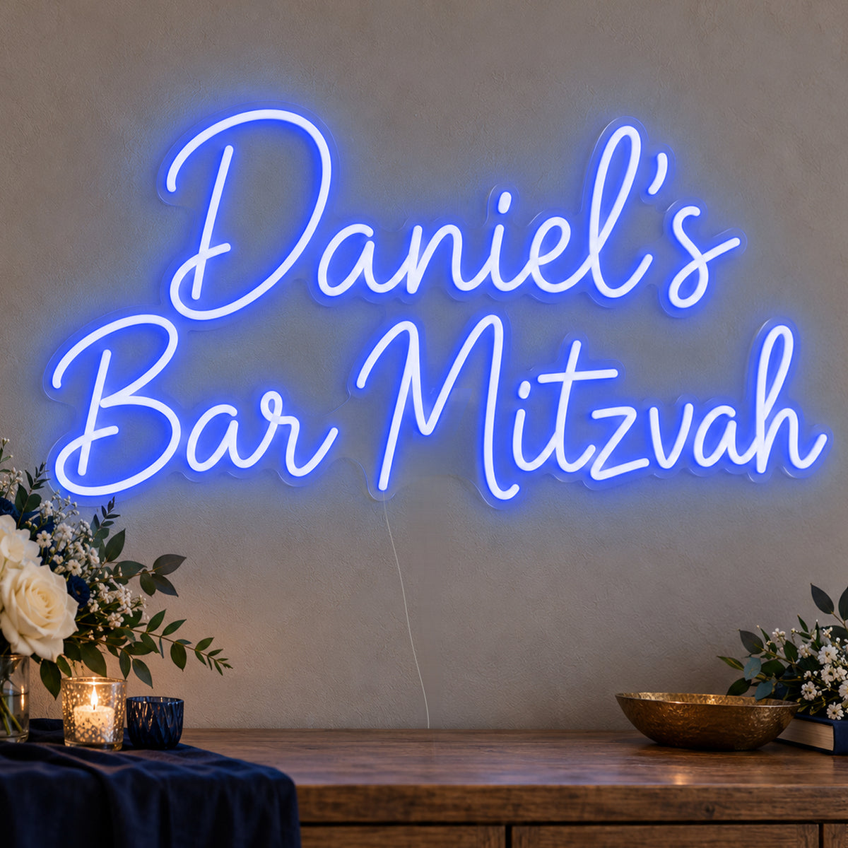 Personalised Bar Mitzvah Neon Sign in blue LED neon on clear acrylic, angled view