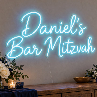 Personalised Bar Mitzvah Neon Sign in ice blue LED neon on clear acrylic, angled view