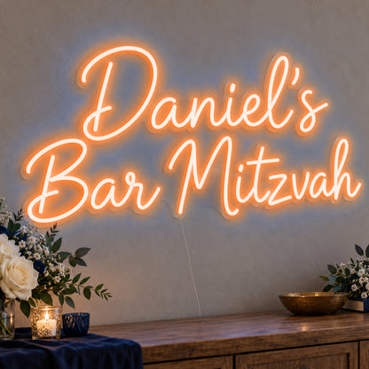Personalised Bar Mitzvah Neon Sign in orange LED neon on clear acrylic, angled view