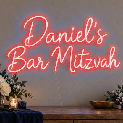 Personalised Bar Mitzvah Neon Sign in red LED neon on clear acrylic, angled view