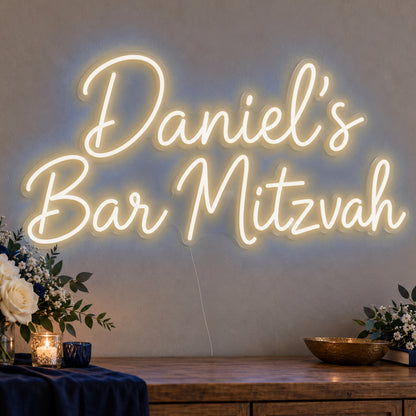 Personalised Bar Mitzvah Neon Sign in warm white LED neon on clear acrylic, angled view
