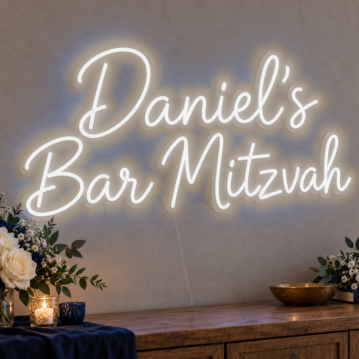 Personalised Bar Mitzvah Neon Sign in white LED neon on clear acrylic, angled view