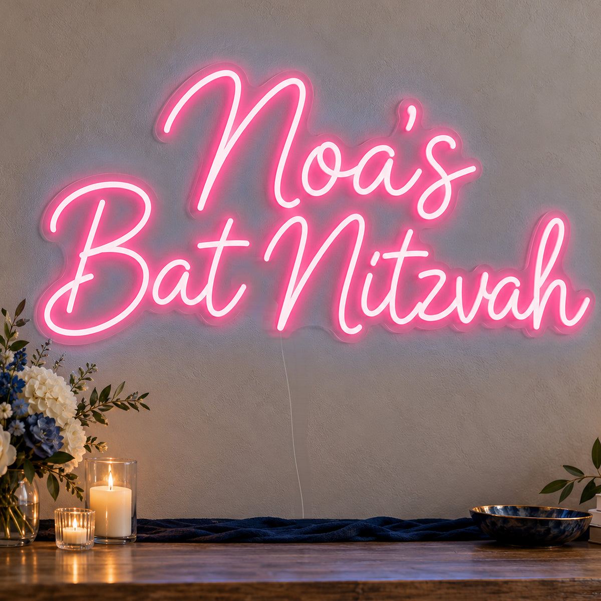 Personalised Bat Mitzvah Neon Sign in rose red LED neon on clear acrylic, angled view