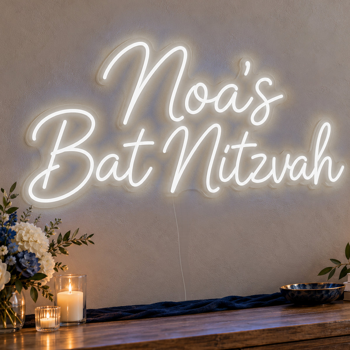 Personalised Bat Mitzvah Neon Sign in white LED neon on clear acrylic, angled view