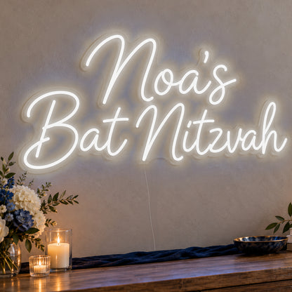 Personalised Bat Mitzvah Neon Sign in white LED neon on clear acrylic, angled view
