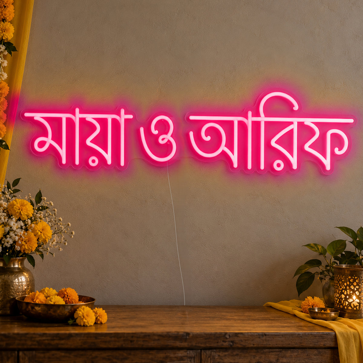 Personalised Bengali Couple Names Neon Sign in rose red LED neon on clear acrylic, angled view