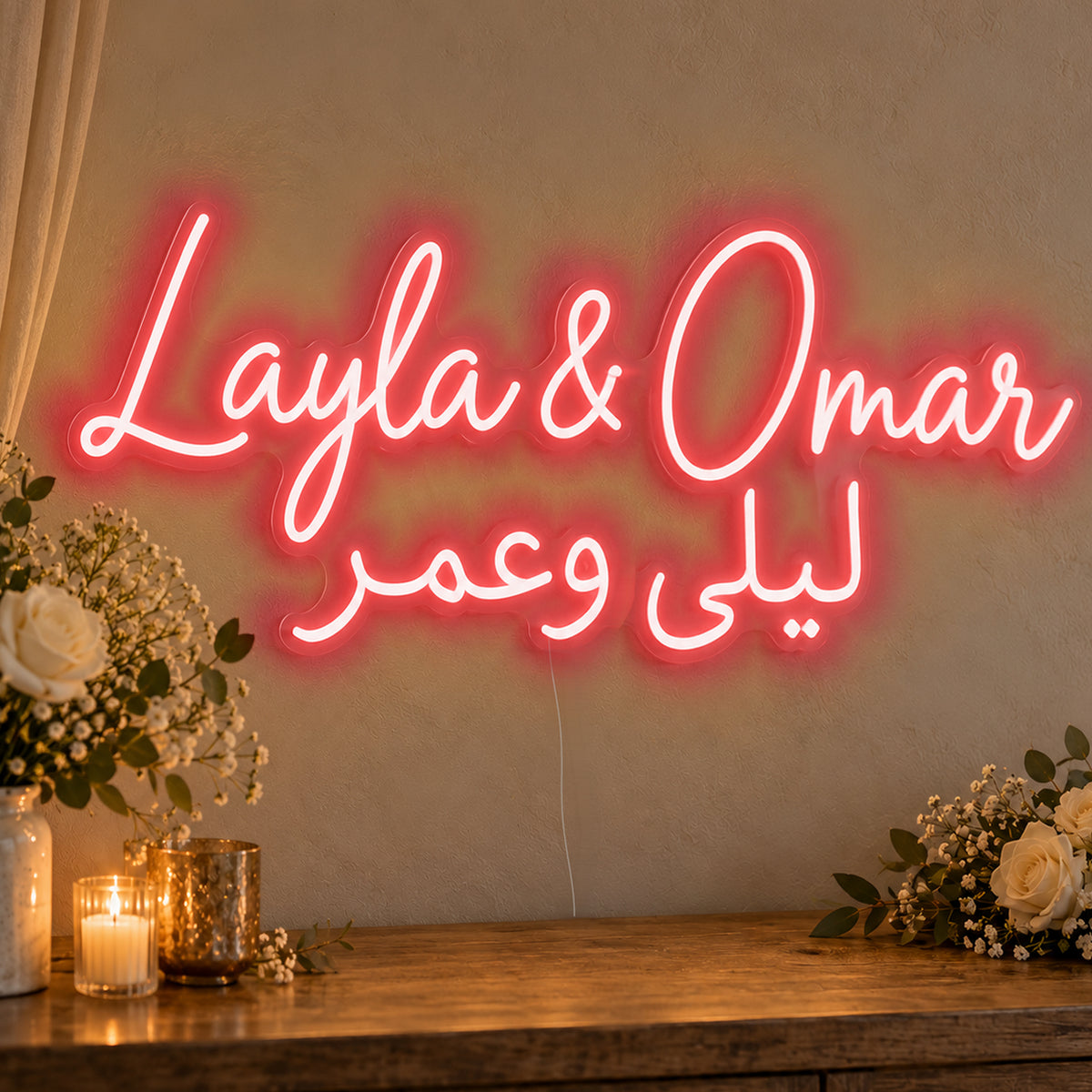 Personalised Bilingual Arabic English Names Neon Sign in red LED neon on clear acrylic, angled view