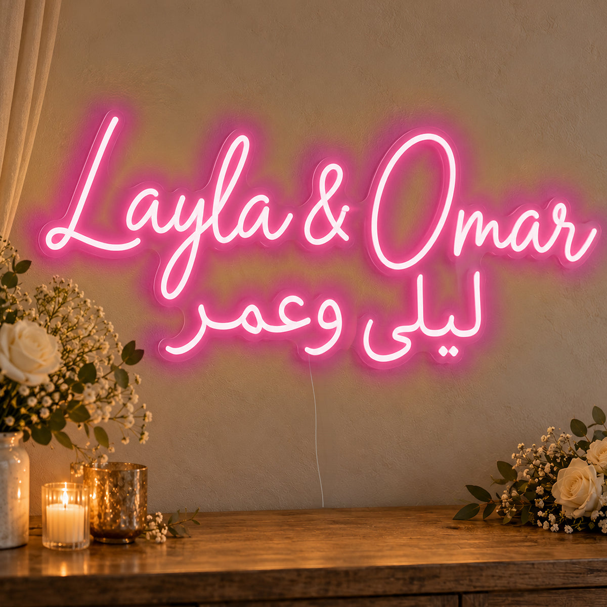 Personalised Bilingual Arabic English Names Neon Sign in rose red LED neon on clear acrylic, angled view