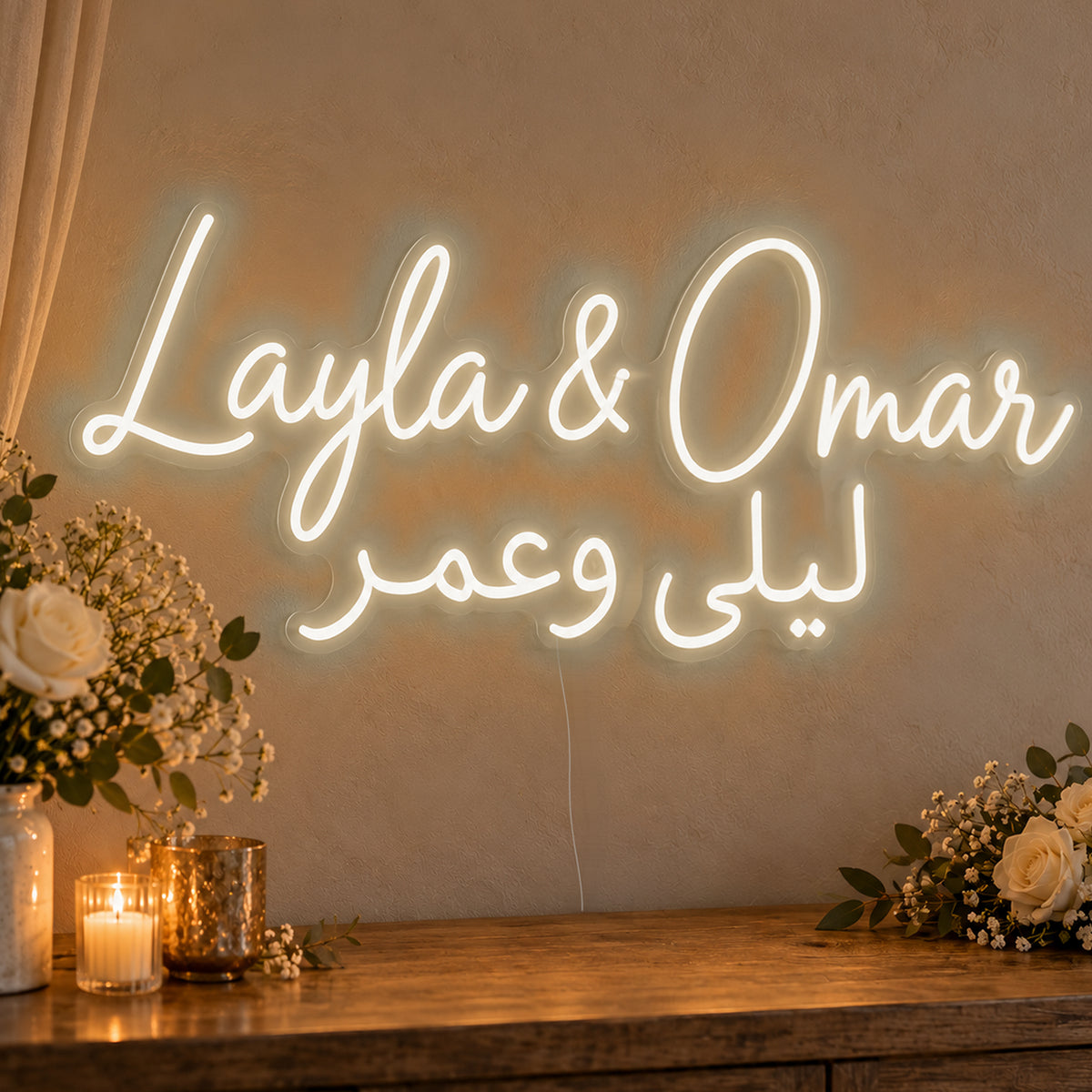 Personalised Bilingual Arabic English Names Neon Sign in warm white LED neon on clear acrylic, angled view