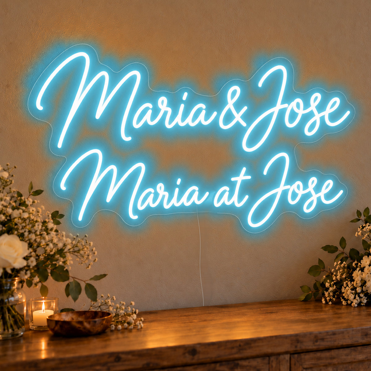Personalised Bilingual Filipino Names Neon Sign in ice blue LED neon on clear acrylic, angled view