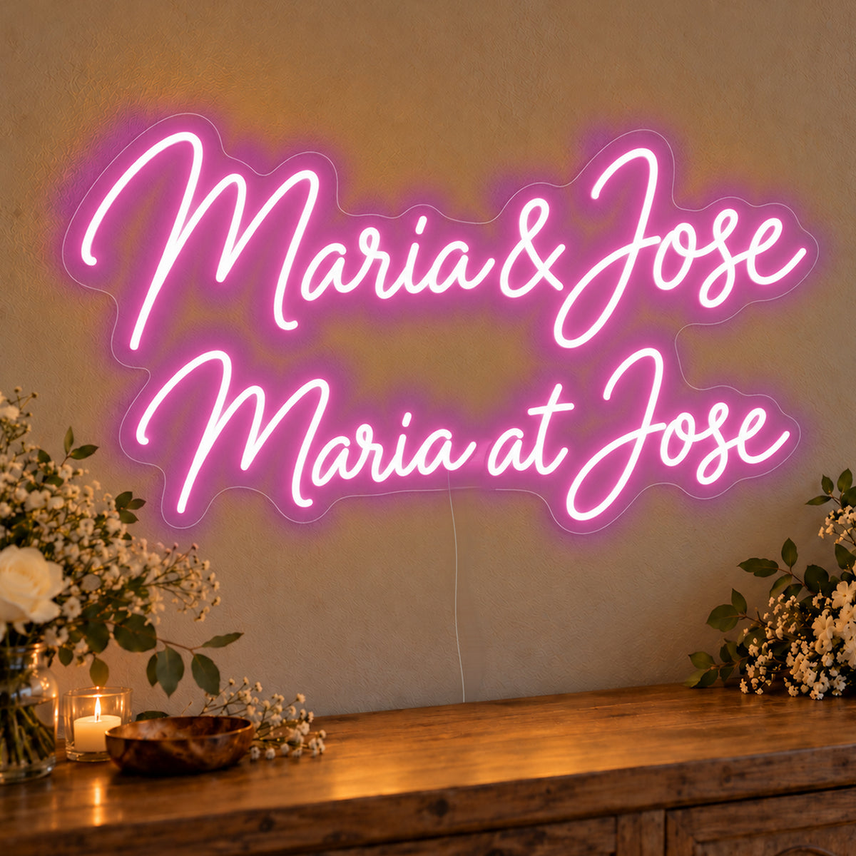 Personalised Bilingual Filipino Names Neon Sign in pink LED neon on clear acrylic, angled view