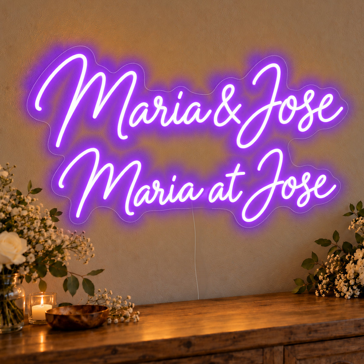 Personalised Bilingual Filipino Names Neon Sign in purple LED neon on clear acrylic, angled view