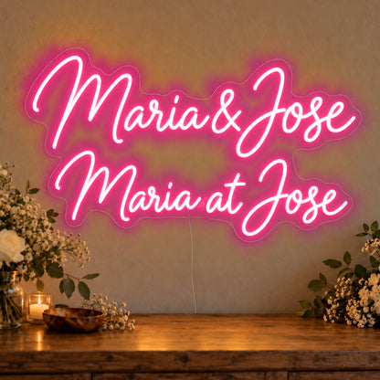 Personalised Bilingual Filipino Names Neon Sign in rose red LED neon on clear acrylic, angled view