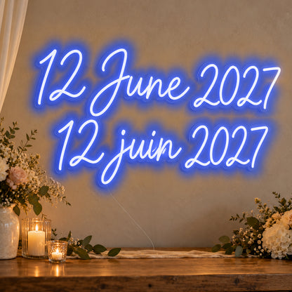 Personalised Bilingual Wedding Date Neon Sign in blue LED neon on clear acrylic, angled view
