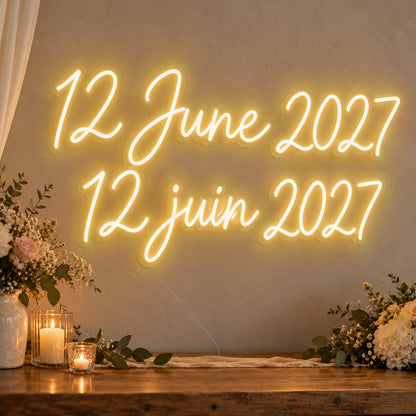 Personalised Bilingual Wedding Date Neon Sign in gold LED neon on clear acrylic, angled view