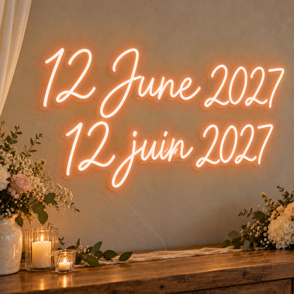 Personalised Bilingual Wedding Date Neon Sign in orange LED neon on clear acrylic, angled view