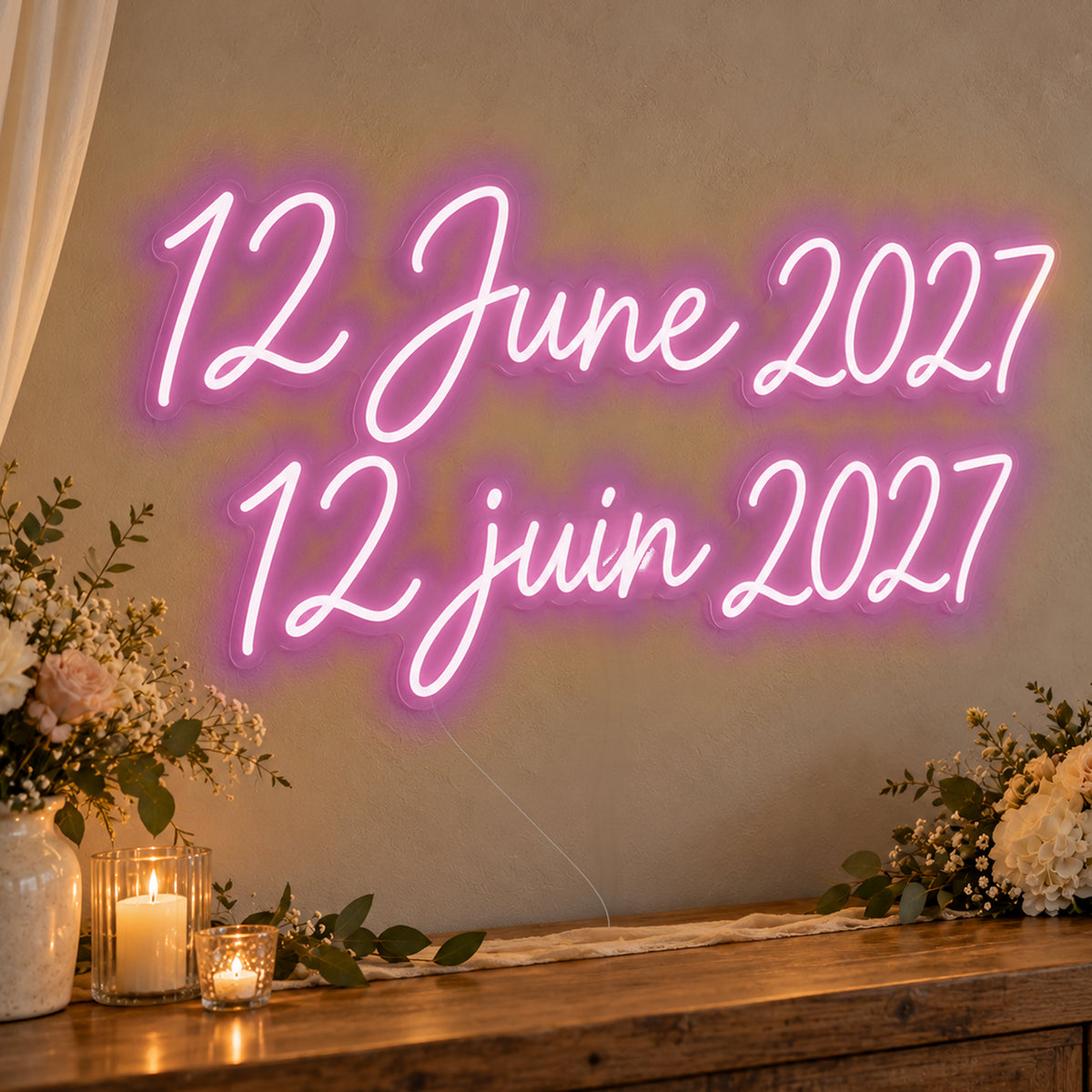 Personalised Bilingual Wedding Date Neon Sign in pink LED neon on clear acrylic, angled view