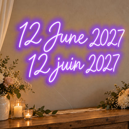 Personalised Bilingual Wedding Date Neon Sign in purple LED neon on clear acrylic, angled view