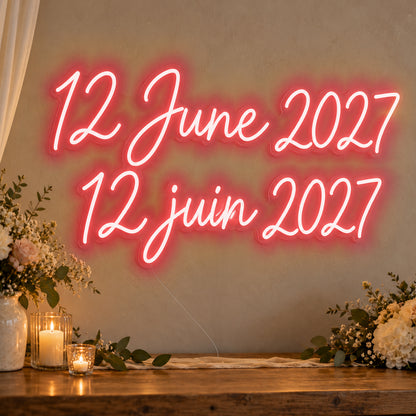 Personalised Bilingual Wedding Date Neon Sign in red LED neon on clear acrylic, angled view