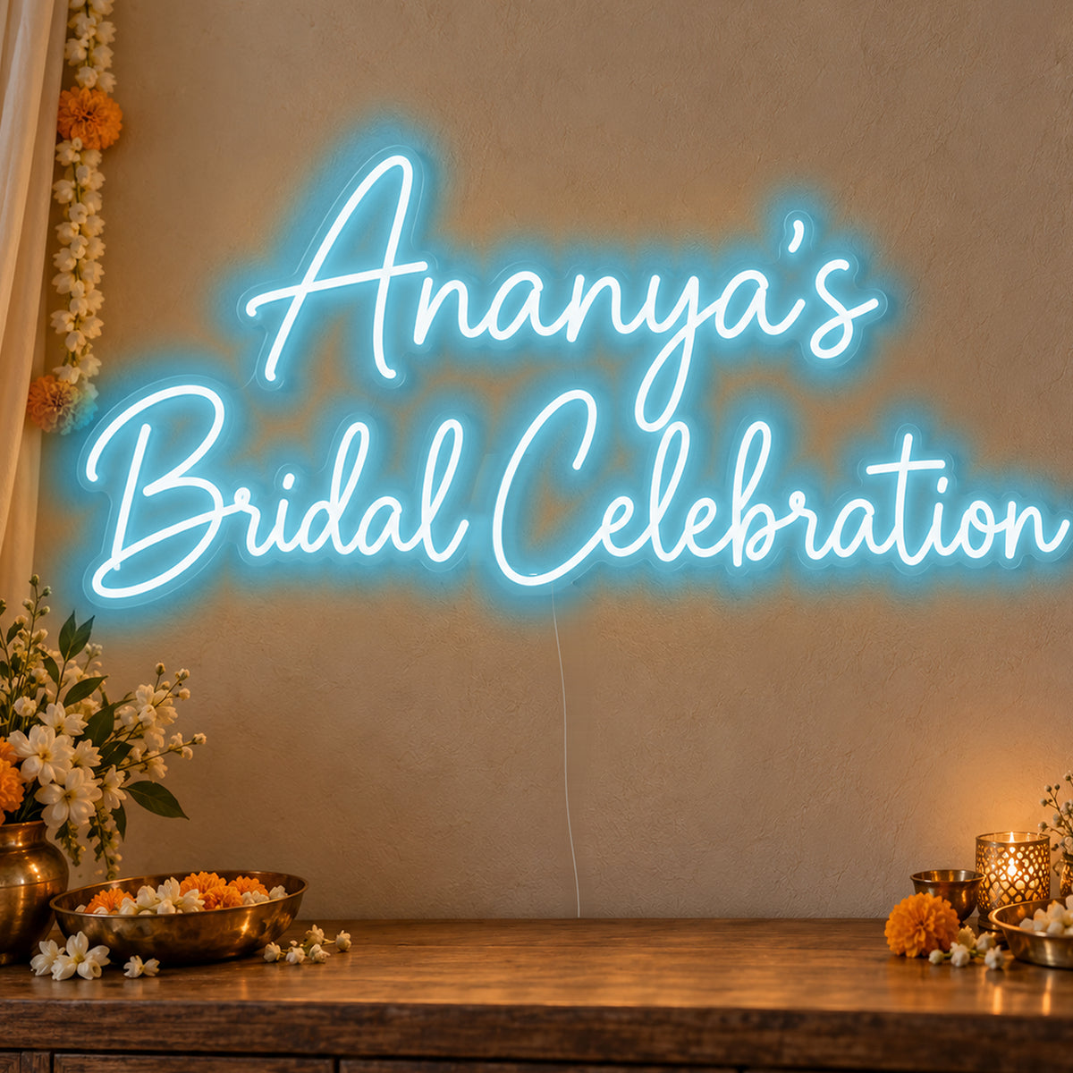 Personalised Bridal Celebration Neon Sign in ice blue LED neon on clear acrylic, angled view