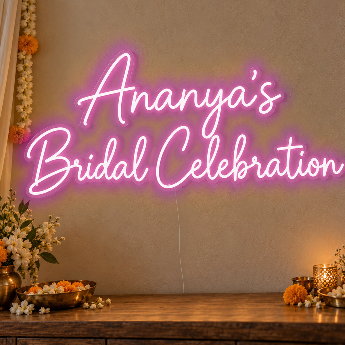 Personalised Bridal Celebration Neon Sign in pink LED neon on clear acrylic, angled view