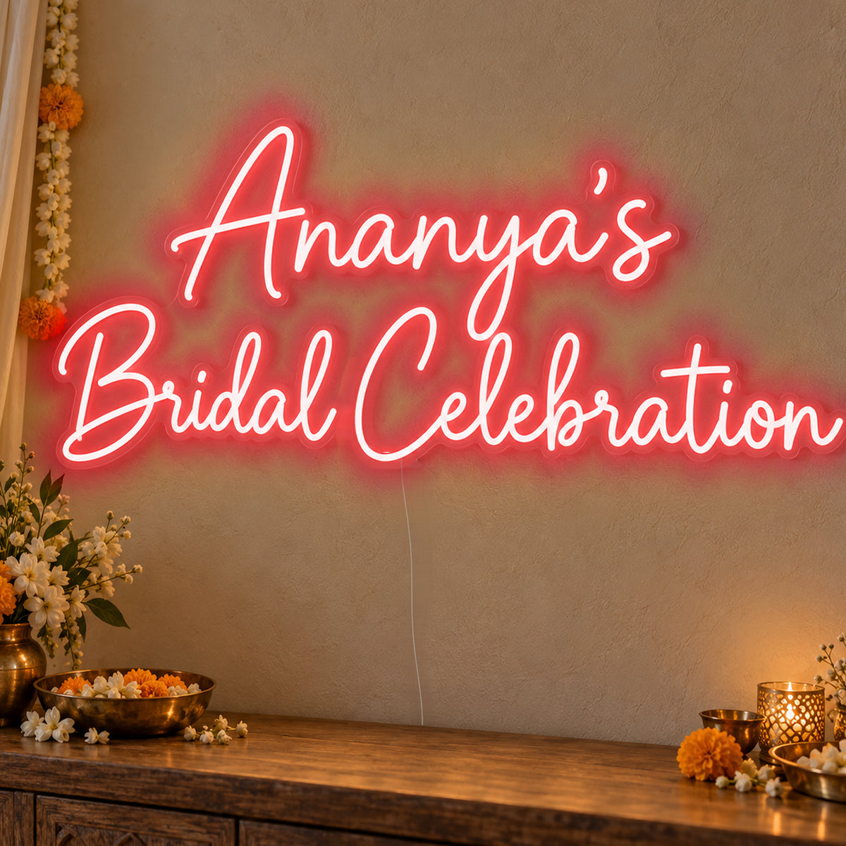 Personalised Bridal Celebration Neon Sign in red LED neon on clear acrylic, angled view