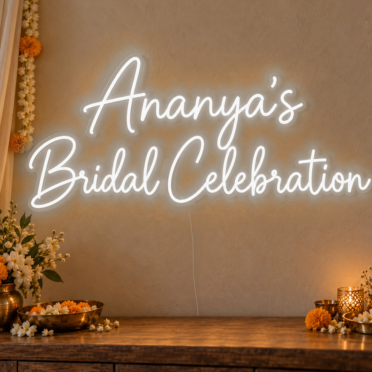 Personalised Bridal Celebration Neon Sign in white LED neon on clear acrylic, angled view