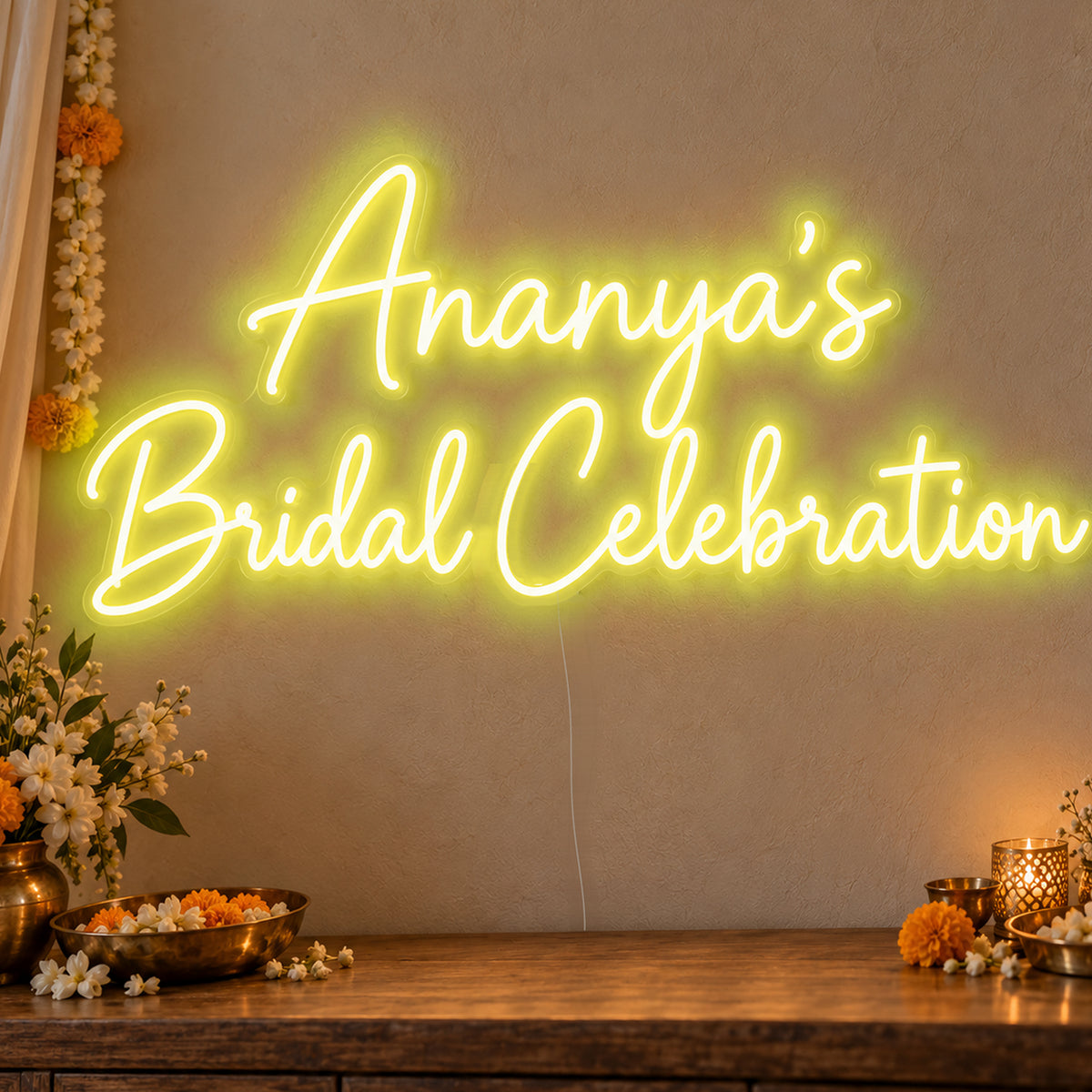 Personalised Bridal Celebration Neon Sign in yellow LED neon on clear acrylic, angled view