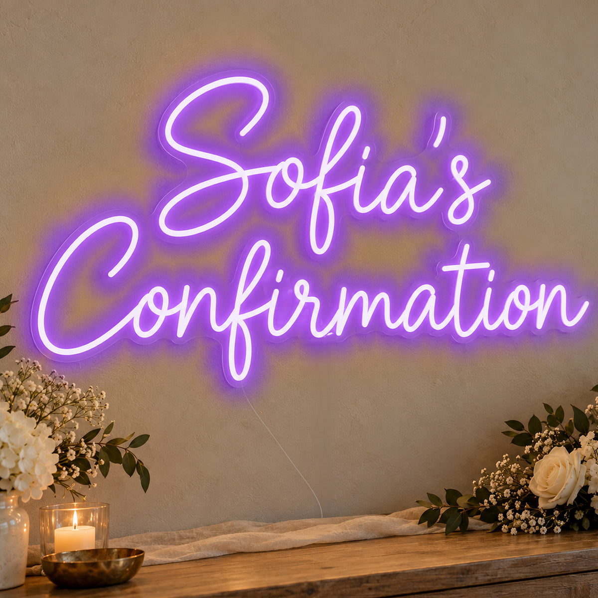 Personalised Confirmation Neon Sign in purple LED neon on clear acrylic, angled view