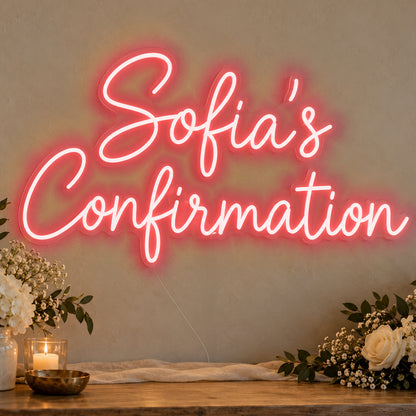 Personalised Confirmation Neon Sign in red LED neon on clear acrylic, angled view